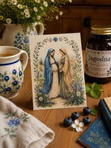 Pocztówka „Nawiedzenie Najświętszej Maryi Panny”- ilustracja inspirowana biblią 