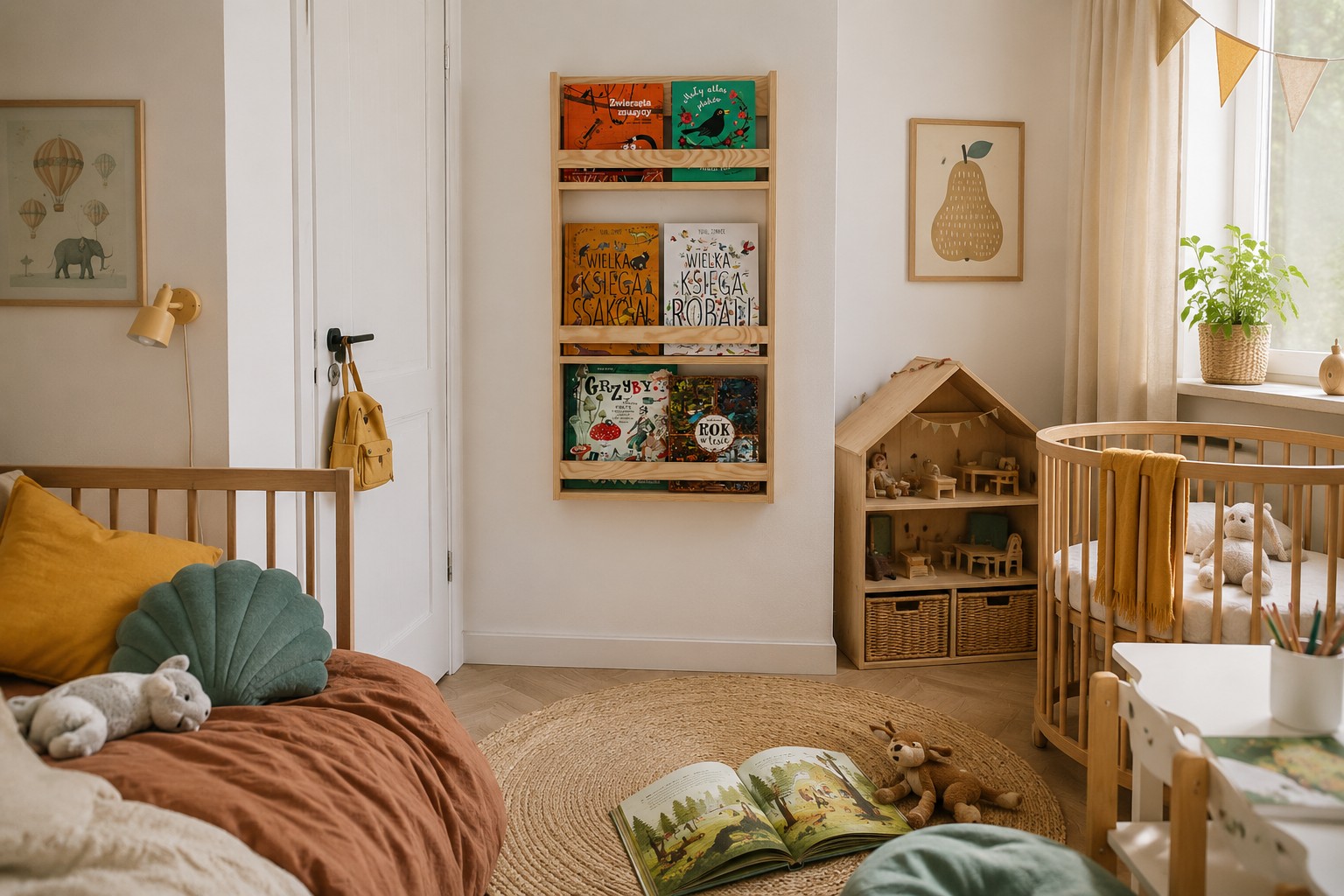 wąska drewniana biblioteczka wisząca do małego pokoju dziecka